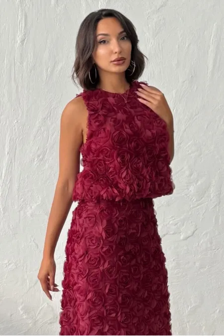 Topshow - Toptan Gül Süzüneli Kolsuz Bluz - Bordo