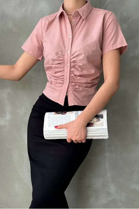 Topshow Powder Gipel Front Gathered Wholesale Blouse