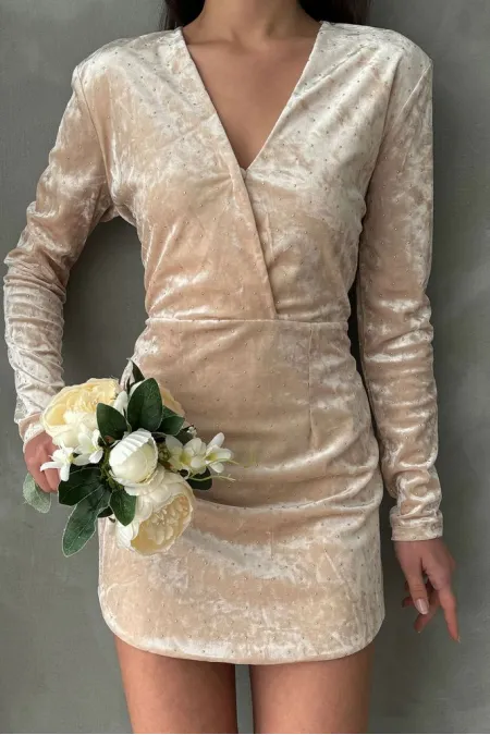 Knee-Length Embellished Wholesale Dress - Stone | TOPSHOW | F1376