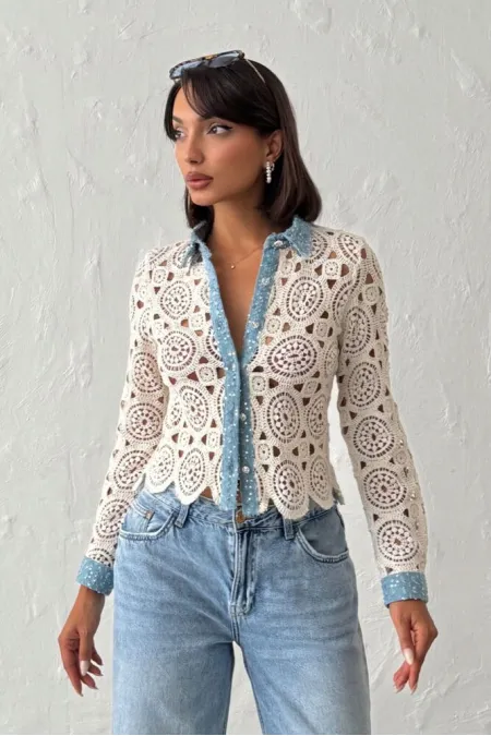 Lace Detailed Pearl Button Long Sleeve Women's Wholesale Shirt - Raw Blue - Topshow | Topshow | F1945