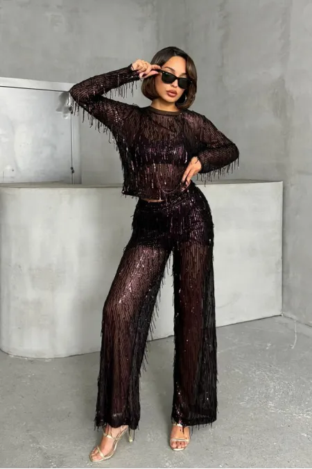Pantalons en tulle à paillettes en gros - Noir et bordeaux | TOPSHOW | F1611