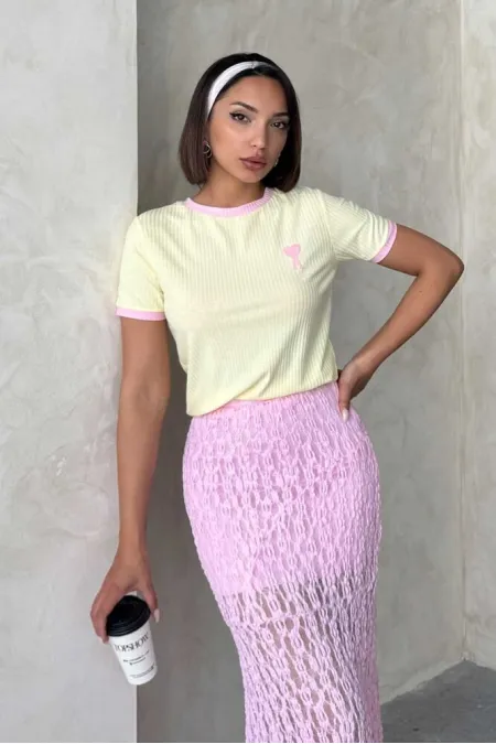 Nakışlı Tişort - Sarı Pembe | Topshow
