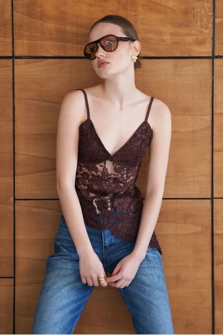 Strappy Embroidered Blouse - Brown | D2965 - Topshow