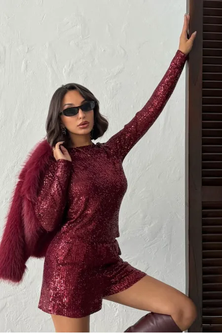 Topshow Işıltılı Pul İşlemeli Uzun Kollu Toptan Kadın Bluz- BORDO | F1866