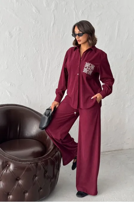 Topshow - Toptan Fitilli Kadife Pantolon - Bordo