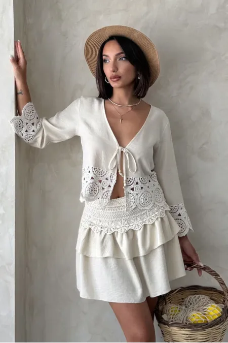 Front-Tie Jacket with Lace Details - Stone | Topshow | F1946