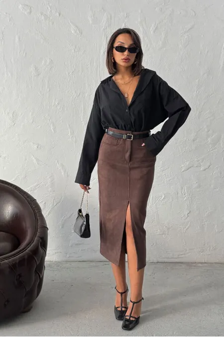 Topshow Brown Suede Wholesale Skirt