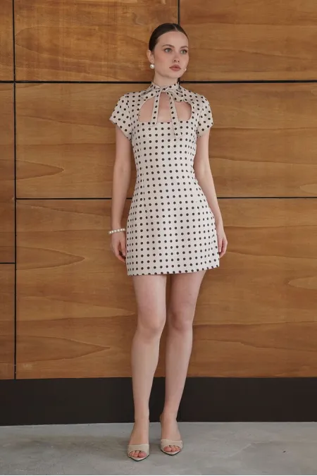 Polka Dot Satin Wholesale Dress - Stone | D2978 - Topshow