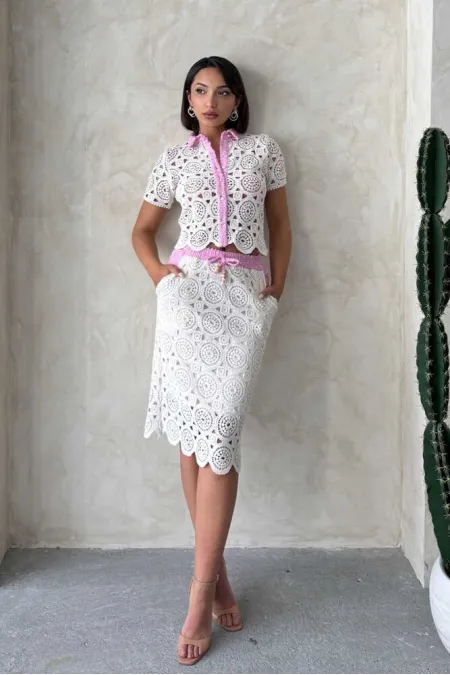 Kot Detaylı Dantel Uzun Etek - Ham Pembe | Topshow