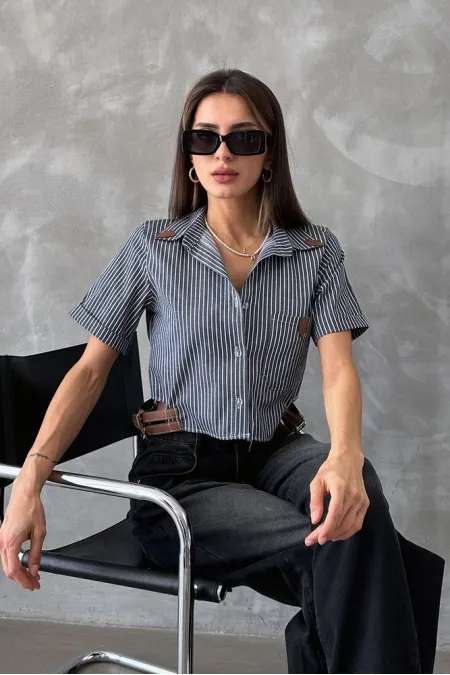 Topshow Black Striped Belt Detailed Striped Wholesale Shirt