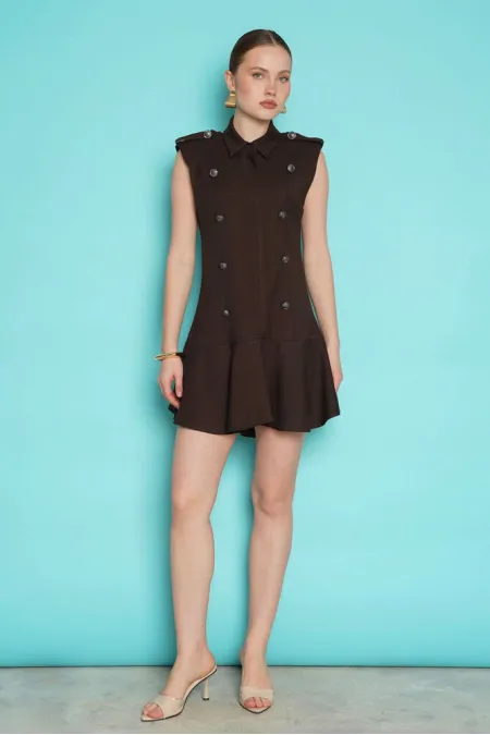 Sleeveless Mini Wholesale Dress with Shoulder Epaulets - Brown | D2974 - Topshow