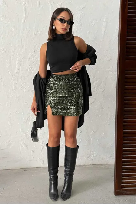 Topshow Sequined Velvet Mini Skirt - Khaki | F2054