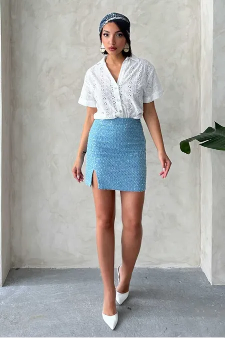 Pullu Kot Etek - Mavi Topshow