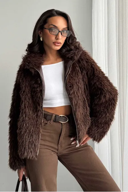 Women's Faux Fur Jacket – Zippered, Soft Textured Modern Winter Coat - DARK BROWN