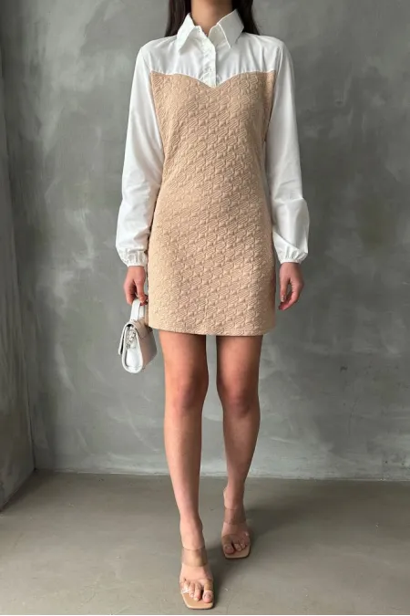 Knee-Length Wholesale Dress with Poplin Sleeves and Chest - Stone | TOPSHOW | F1139