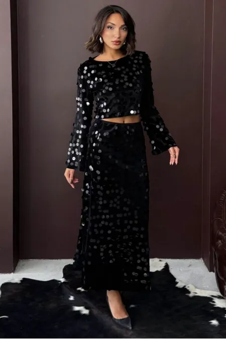 Topshow - Wholesale Sequined Velvet Skirt - Black