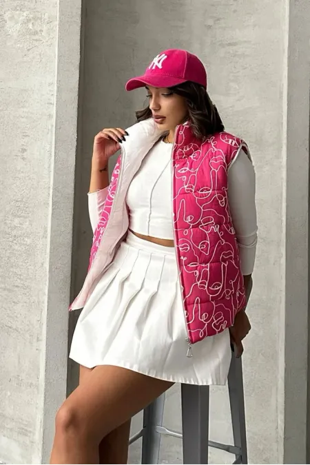 Karışık Baskı Desenli Elyaflı Şişme Toptan Yelek - Fuşya | TOPSHOW | F1749