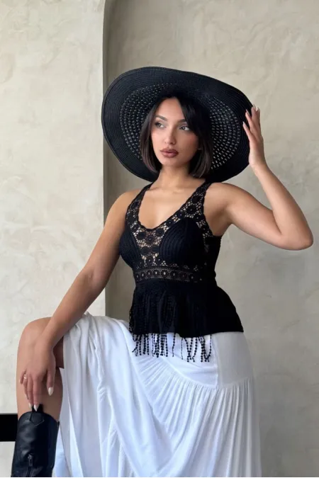 Güpür Detaylı Askılı Toptan Bluz   Siyah | Topshow