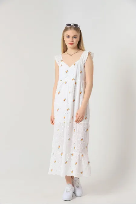 Topshow Sarı Çiçekli V Yaka Büzgülü Toptan Elbise