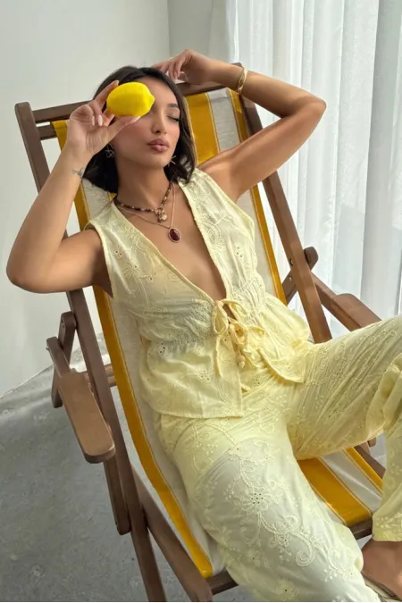 Embroidered Voile Blouse with Front Tie - Yellow | Topshow