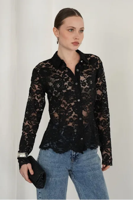 Embroidered Lace Wholesale Shirts - Black | F2081 - Topshow
