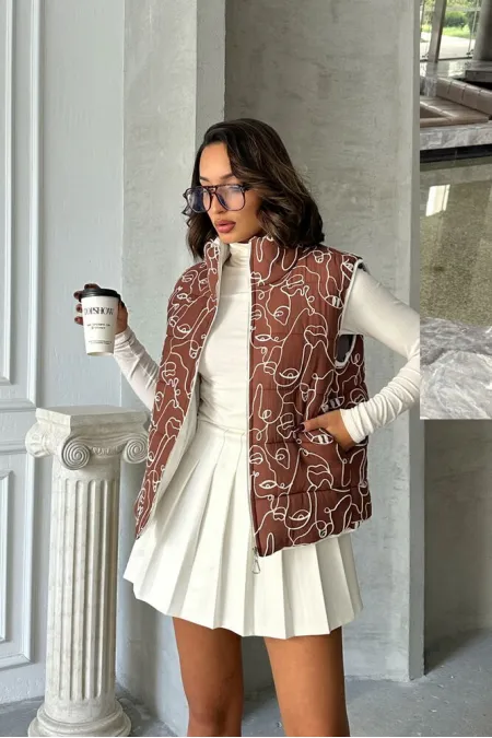 Karışık Baskı Desenli Elyaflı Şişme Toptan Yelek - Kahve | TOPSHOW | F1749