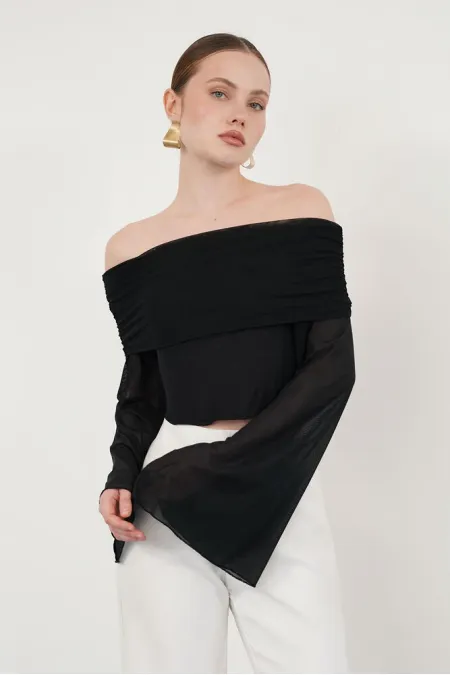 Long Sleeve Tulle Wholesale Blouse - Black | D2977 - Topshow