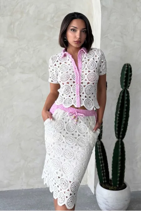 Kot Detaylı Dantel Gömlek - Ham Pembe | Topshow