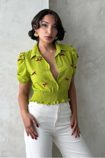 1 Fiyonklu Keten Toptan Gömlek - Fıstık Yeşili | Topshow