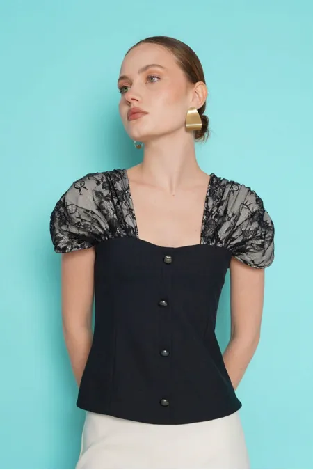 Boat Neck Blouse with Shoulder Lace Detail - Black | D2994 - Topshow