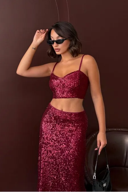 Topshow - Wholesale Sequined Bustier - Party and Invitation Elegance - Burgundy