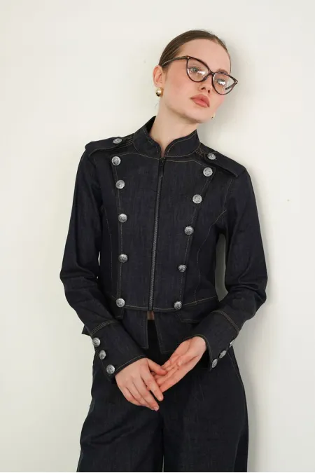 Veste zippée à col mandarin et épaulettes - Bleu marine | F2084 - Topshow