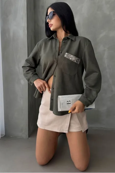 Suede Wholesale Shirt - Khaki | TOPSHOW | F1517