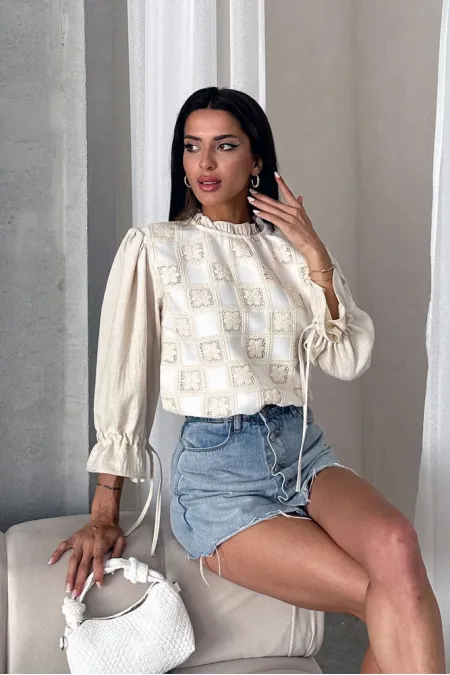 Topshow Stone Cream Lace Detail Wholesale Blouse | F1693