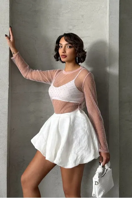 Blouse en tulle à pois roses en gros | TOPSHOW | F1603