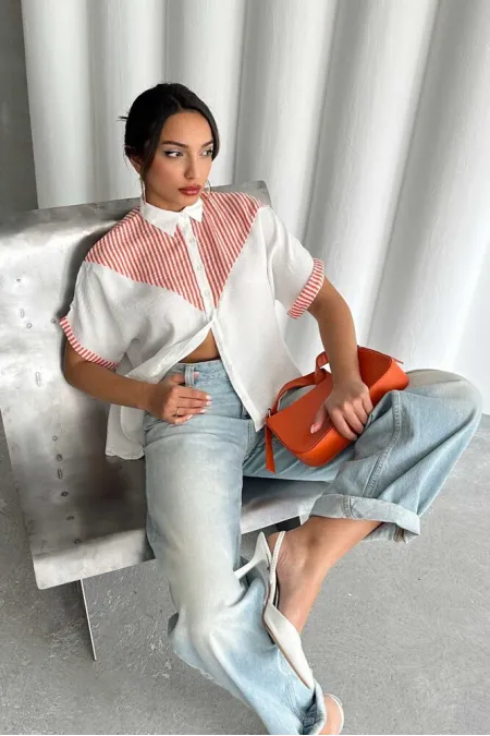 Chemise rayée à détails en gros - Fuchsia | Topshow