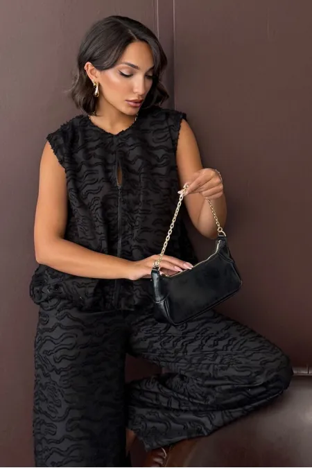 Topshow - Toptan Jakarlı Dokuma Fermuarlı Yelek - Siyah