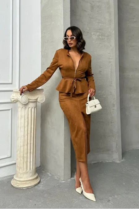 Suede Wholesale Skirt - Tan | TOPSHOW | F1761