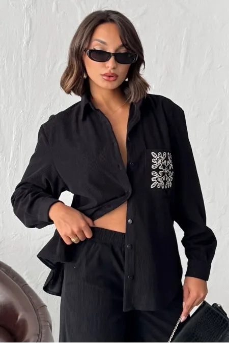 Topshow - Wholesale Embroidered Corduroy Shirt with Pocket - Black