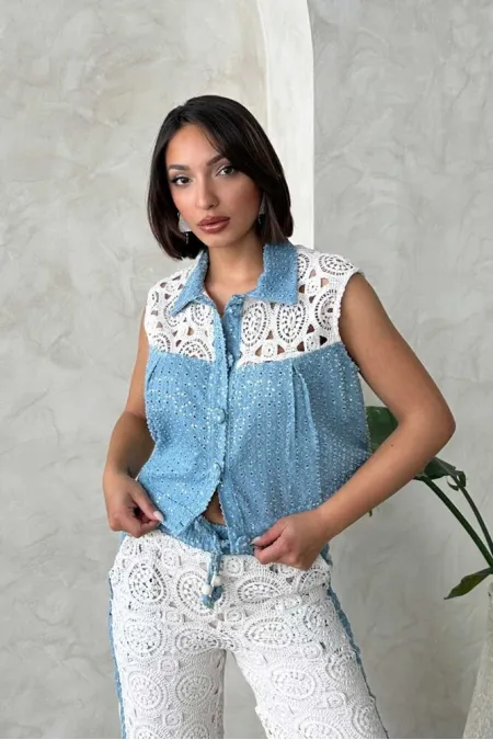 Lace Detailed Sequin Denim Jacket - Blue Topshow