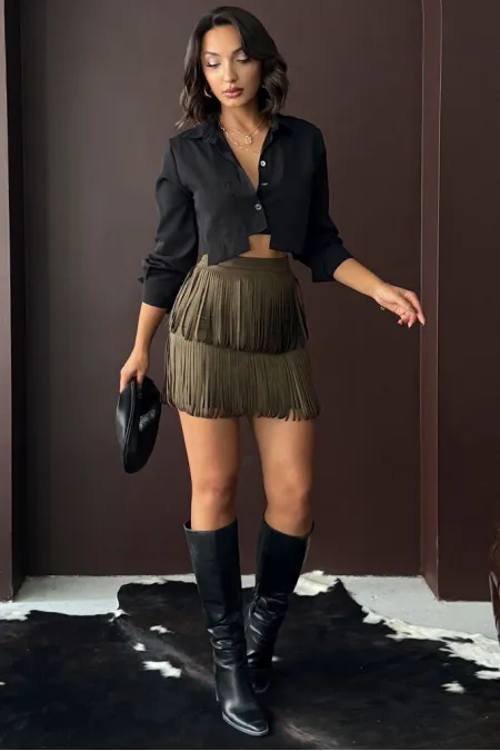 Topshow Tasseled Scuba Suede Skirt - Khaki | F2030