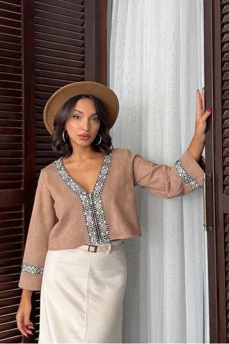 Topshow Stripe Detailed Scuba Suede Zippered Jacket - MINK | F1971