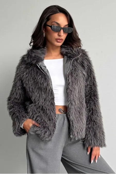 Women's Faux Fur Jacket – Zippered, Soft Textured Modern Winter Coat - GRAY