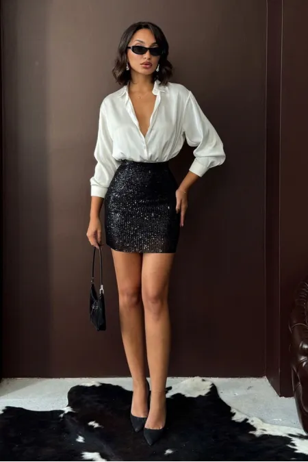 Topshow - Toptan Payetli Mini Etek - Şık Gece Ve Parti Modası- Siyah