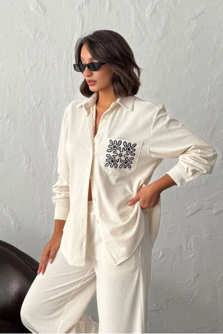 Topshow - Wholesale Embroidered Corduroy Shirt with Pocket - Cream