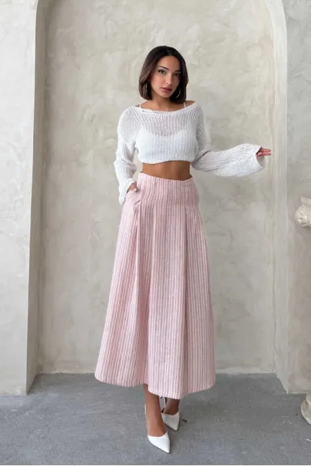 Çizgili Keten Etek - Koyu Pudra | Topshow | F1918