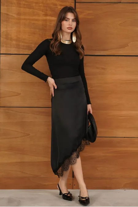 D 2951 LACE ASYMMETRICAL SKIRT - BLACK