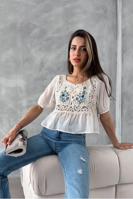 Topshow Stone Cream Embroidered Wholesale Blouse