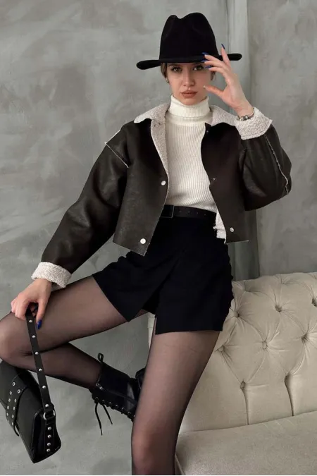 Manteau marron à col en fourrure nubuck (vente en gros) | TOPSHOW | F1577