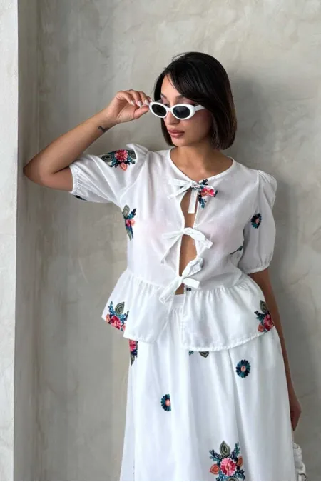 Embroidered Voile Front Tie Blouse - Cream - D2881 | Topshow